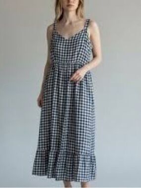 C&C California Navy & White Gingham Ruffle Hem Midi Dress Size 8
